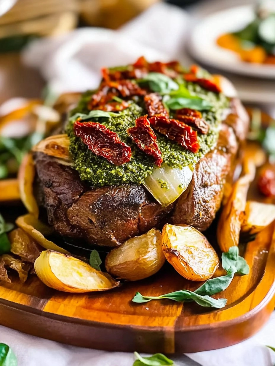 Rôti de boeuf farci à l’italienne (pesto, tomates confites)