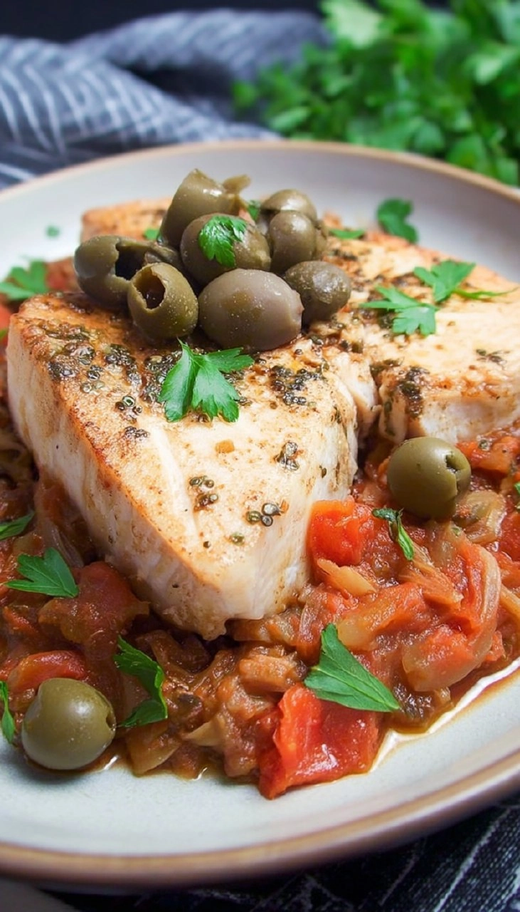 Espadon à la sauce tomate, olives et câpres