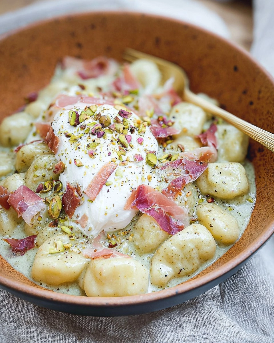 Gnocchi crème de pistache et burrata au jambon