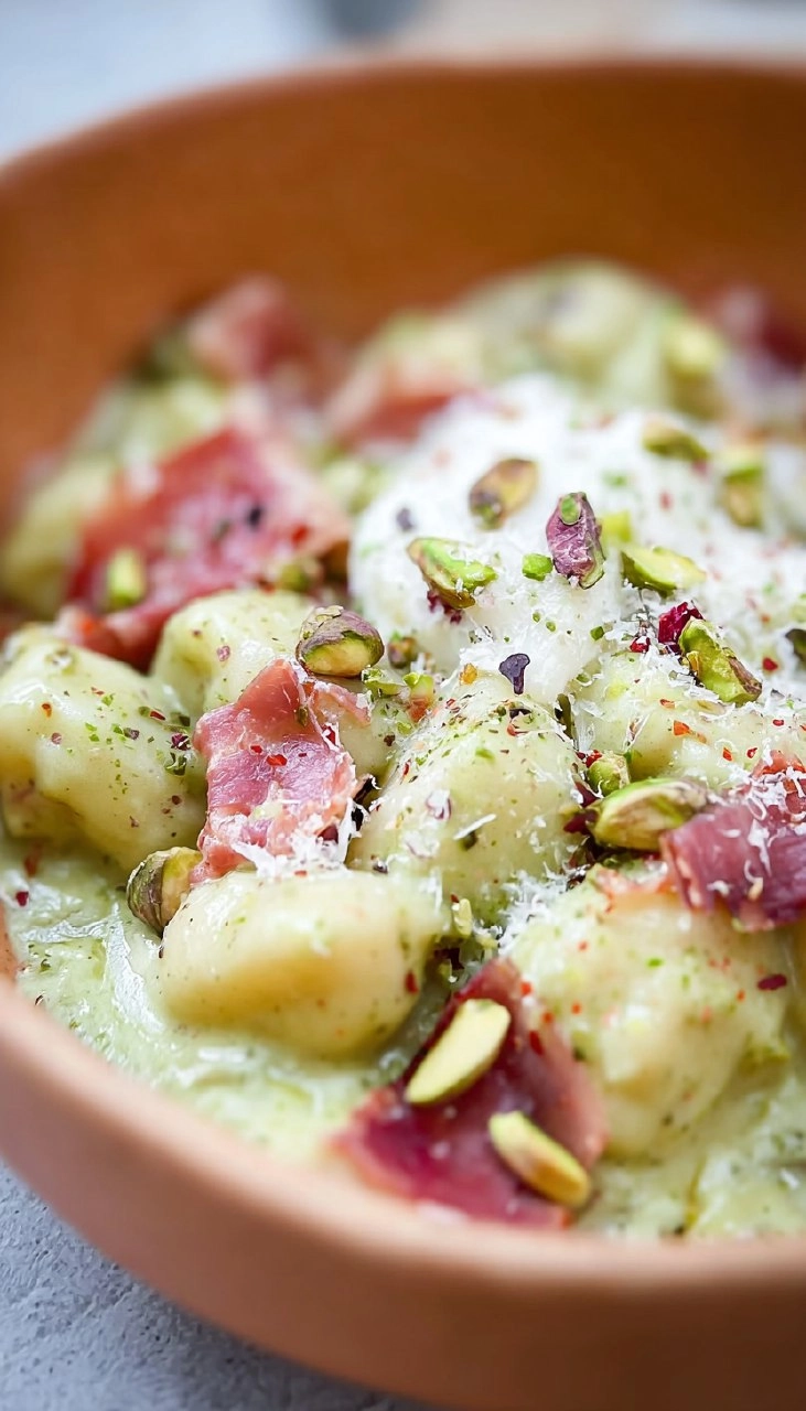 Gnocchi crème de pistache et burrata au jambon
