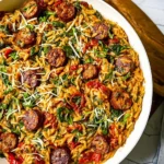 Recette-de-Orzo-one-pot-cremeux-aux-saucisses-italiennes-pesto-et-ail-roti