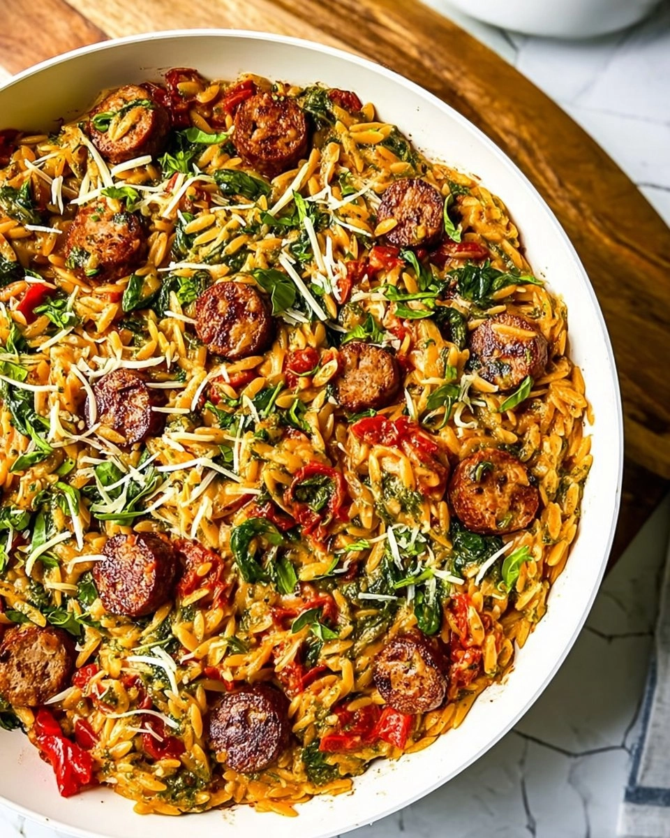 Orzo “one pot” crémeux aux saucisses italiennes, pesto et ail rôti