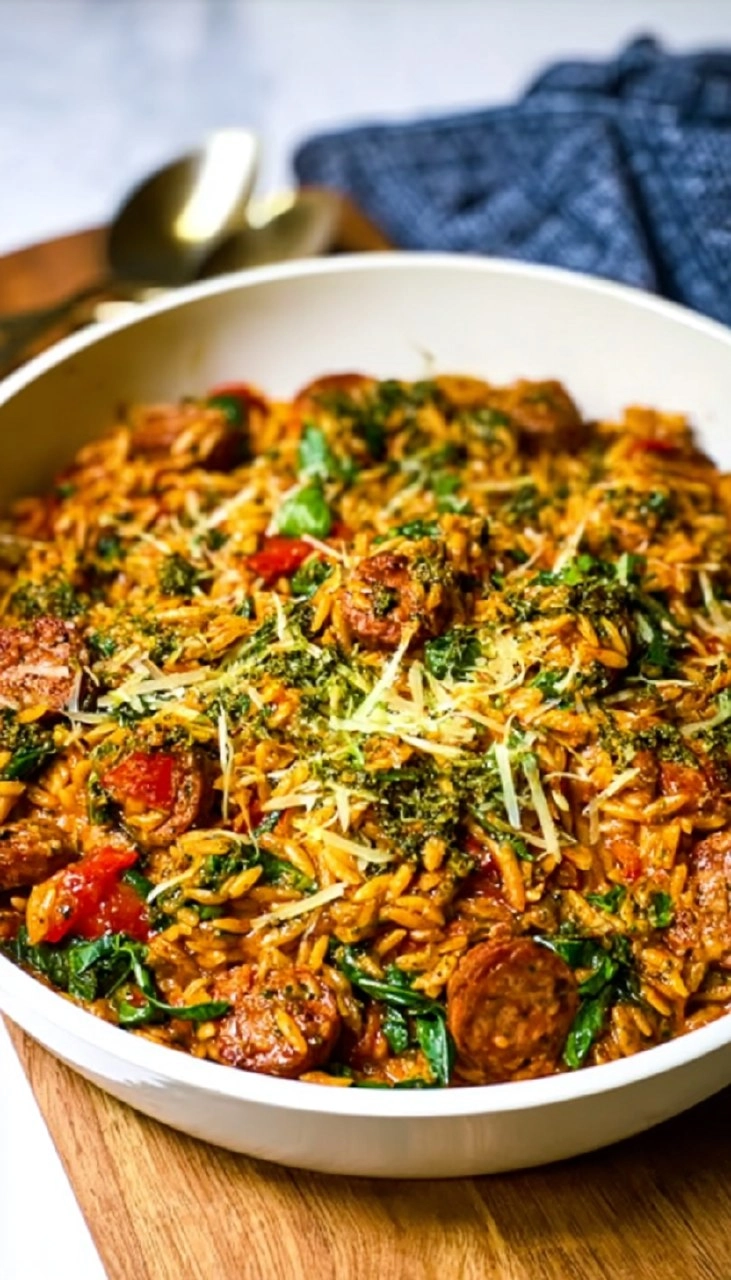 Orzo “one pot” crémeux aux saucisses italiennes, pesto et ail rôti