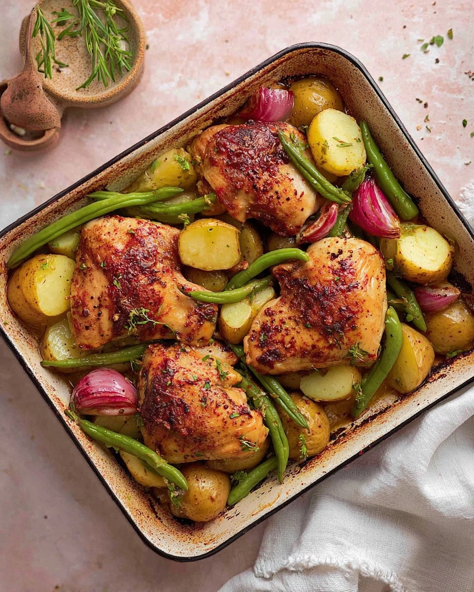 Poulet aux pommes de terre et haricots verts au four