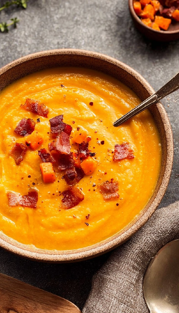 Velouté de courge bleue de Hongrie au bacon 85 Velouté de courge bleue de Hongrie au bacon
