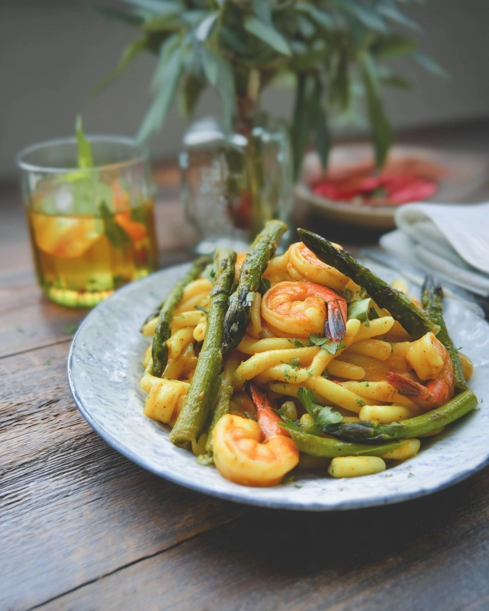 Recette-de-Pates-asperges-crevettes-sauce-au-curry